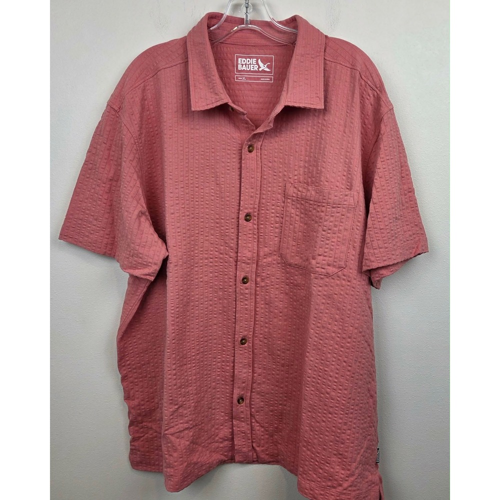 Eddie Bauer Mens Short Sleeve Alderpine Seersucker Shirt XL Dessert Pink - Picture 2 of 10